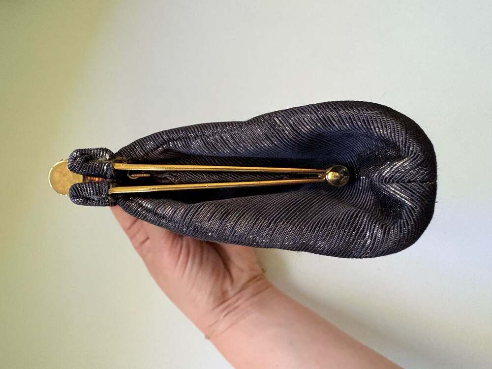 Vintage Rodo Italy Black Metallic Clutch with Jeweled Crystal Clasp and Chain - Picture 6 of 12